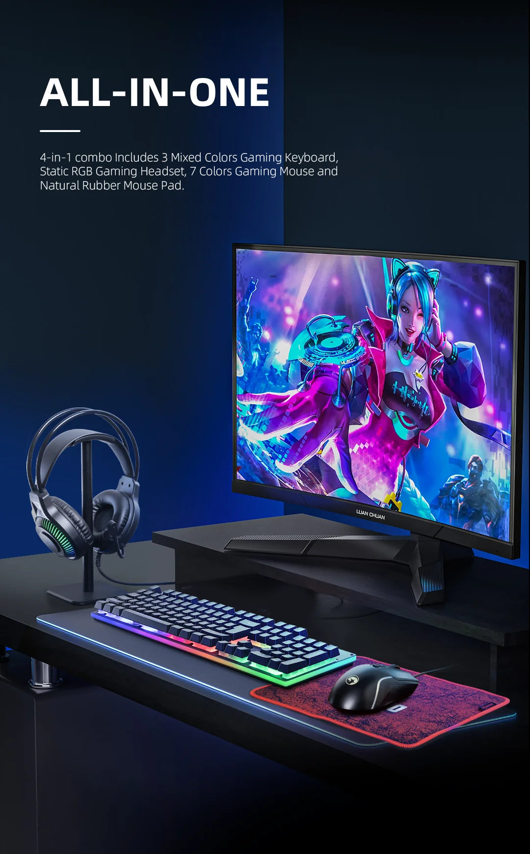 Die Gaming-Tastatur und -Maus enthält ein Tastatur-, Maus-, Kopfhörer- und Mauspad-Set, RGB, kabelgebundene Gaming-Tastatur- und Maus-Sets